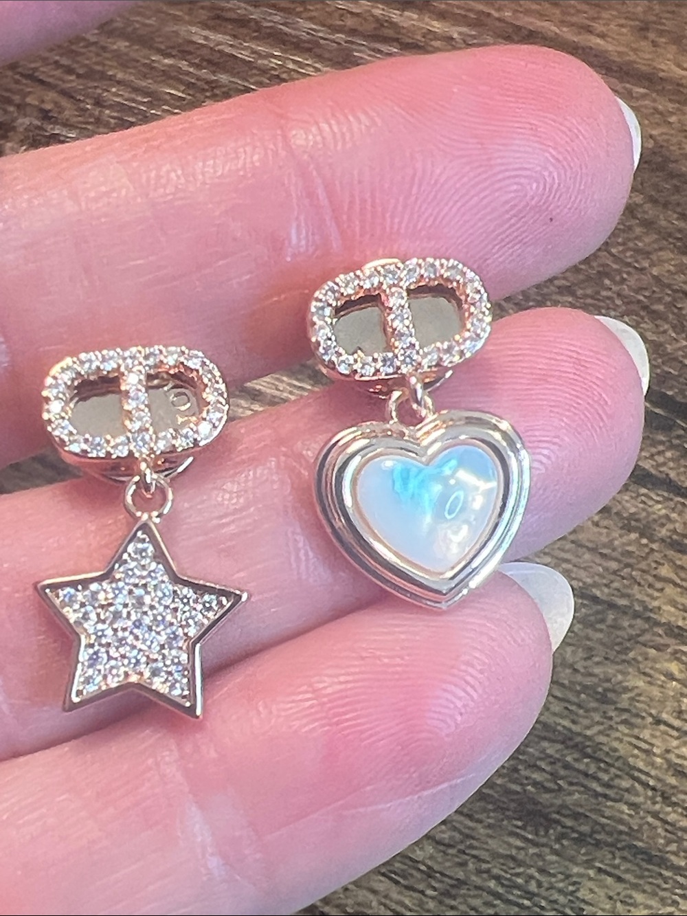 Rose Gold Star & Heart Drop Earrings with Crystal Accents
